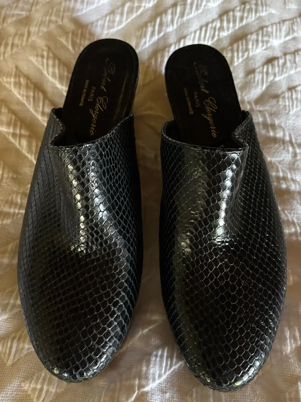 Black leather Faux Snakeskin Slide Mules